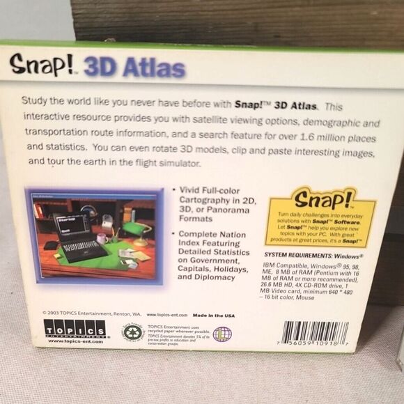 Vintage 2003 3D Atlas PC CD-ROM Software SNAP! WINDOWS 95 98 1.6 Map - Picture 4 of 7